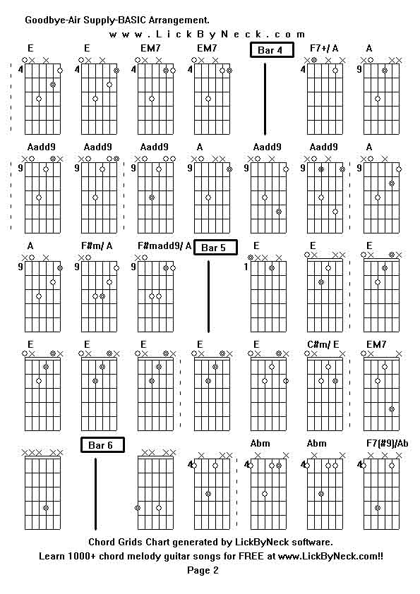 Chord Grids Chart of chord melody fingerstyle guitar song-Goodbye-Air Supply-BASIC Arrangement,generated by LickByNeck software.